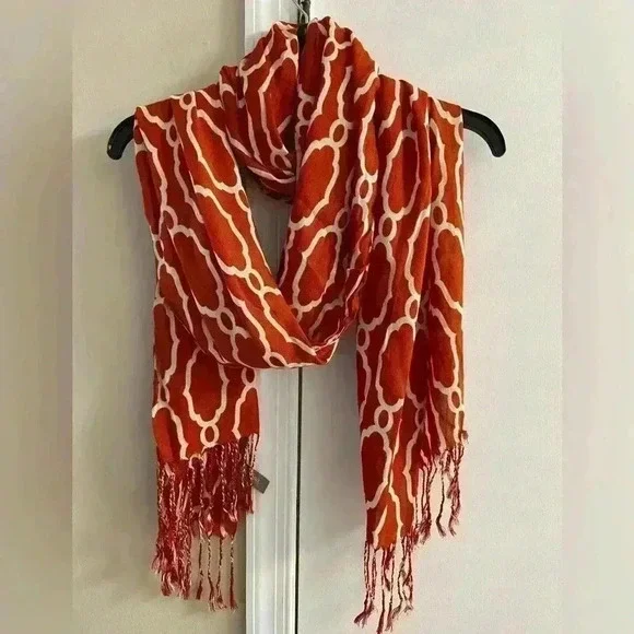 Spartina 449 pumpkin Orange Patterned Scarf with Fringe - Picture 1 of 7